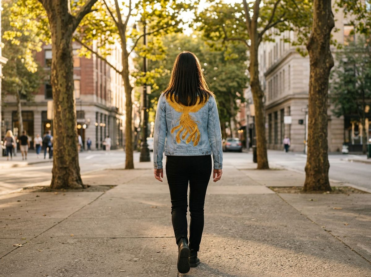 The same woman walking away down a tree-lined street, a golden embroidered phoenix visible on the back of her denim jacket