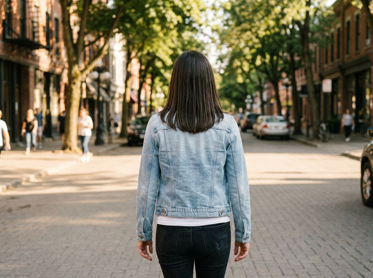 A woman walking away down a tree-lined street, the back of her denim jacket plain with no design