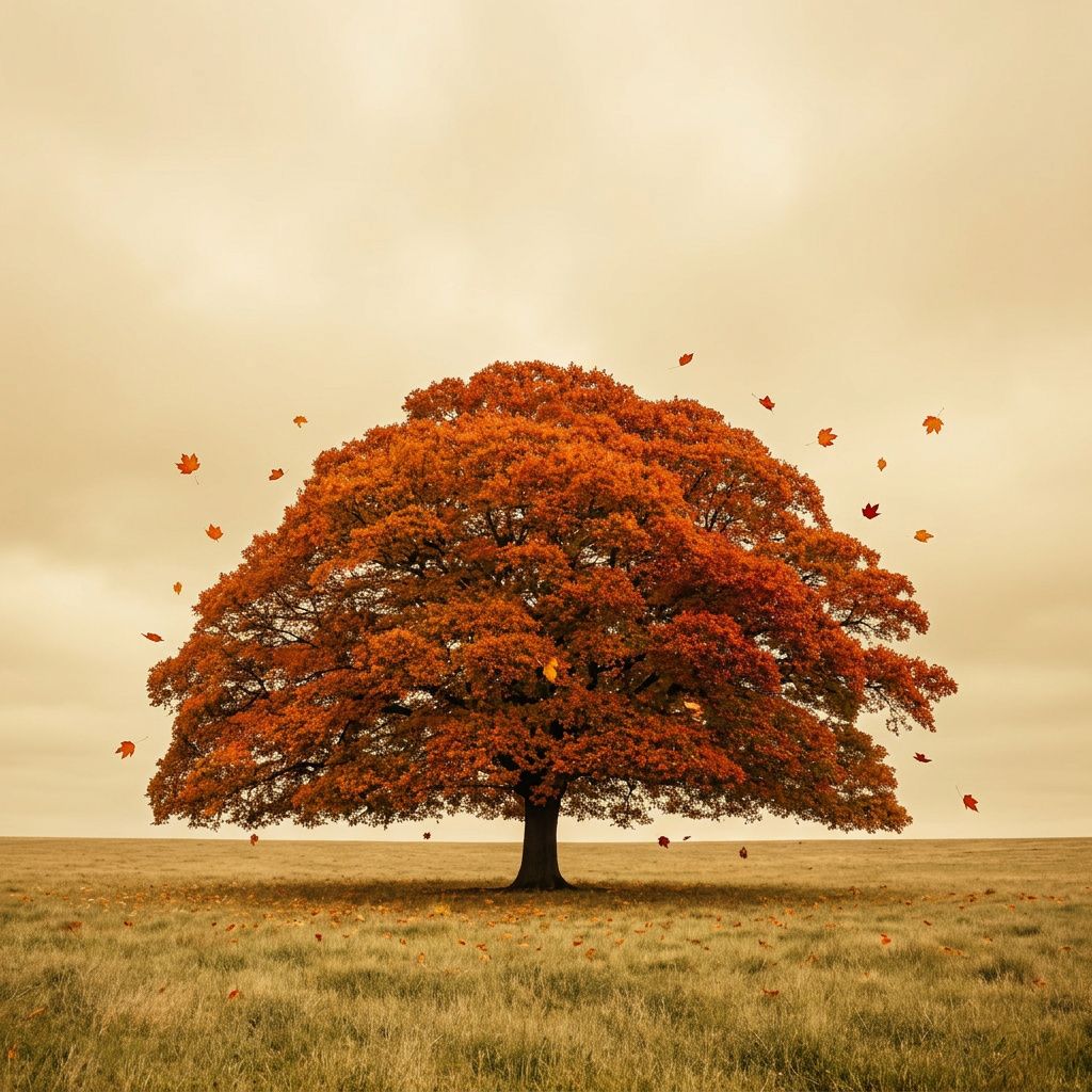 The same oak tree in orange and red autumn foliage