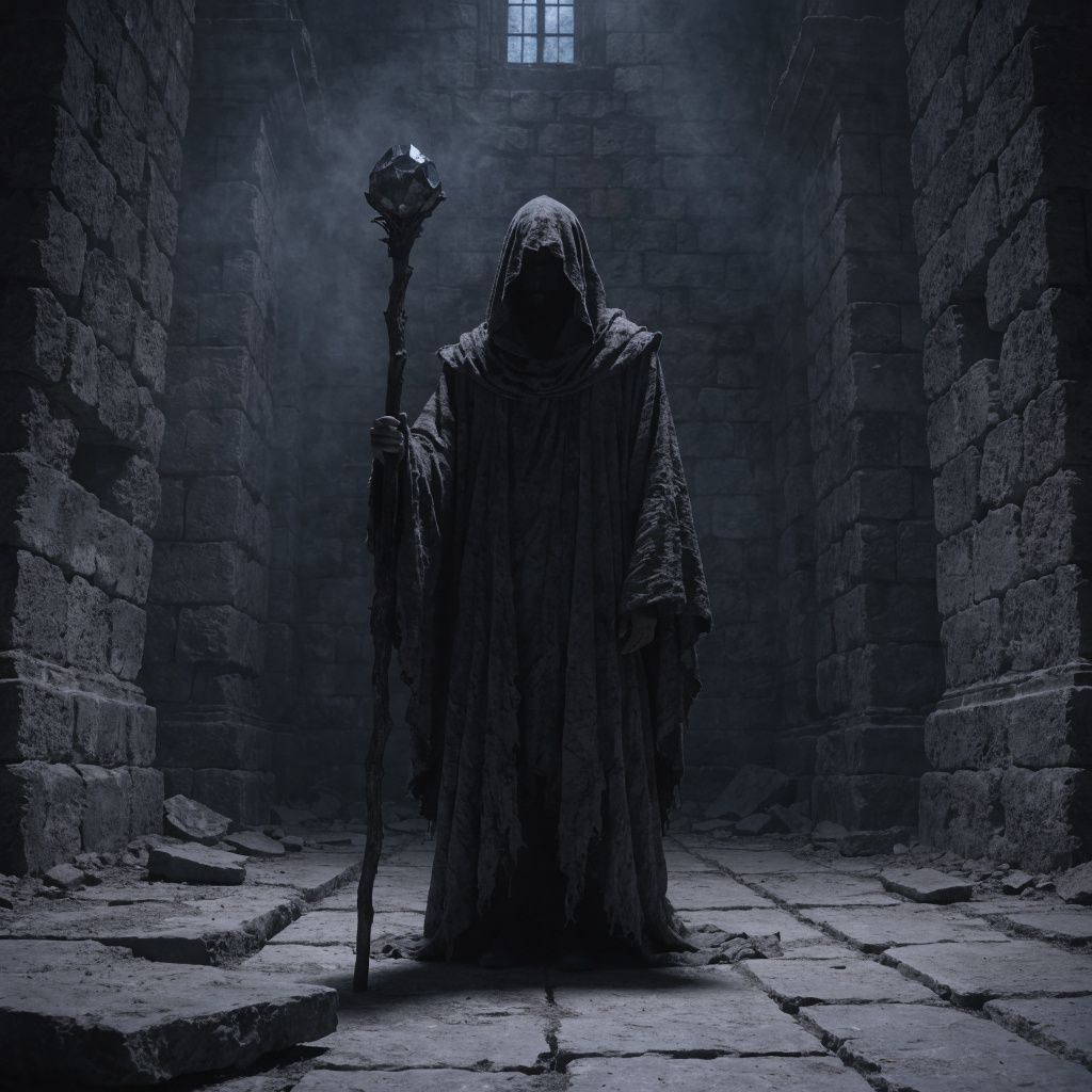 A hooded wizard in a dark stone hall holding a staff with an unlit crystal