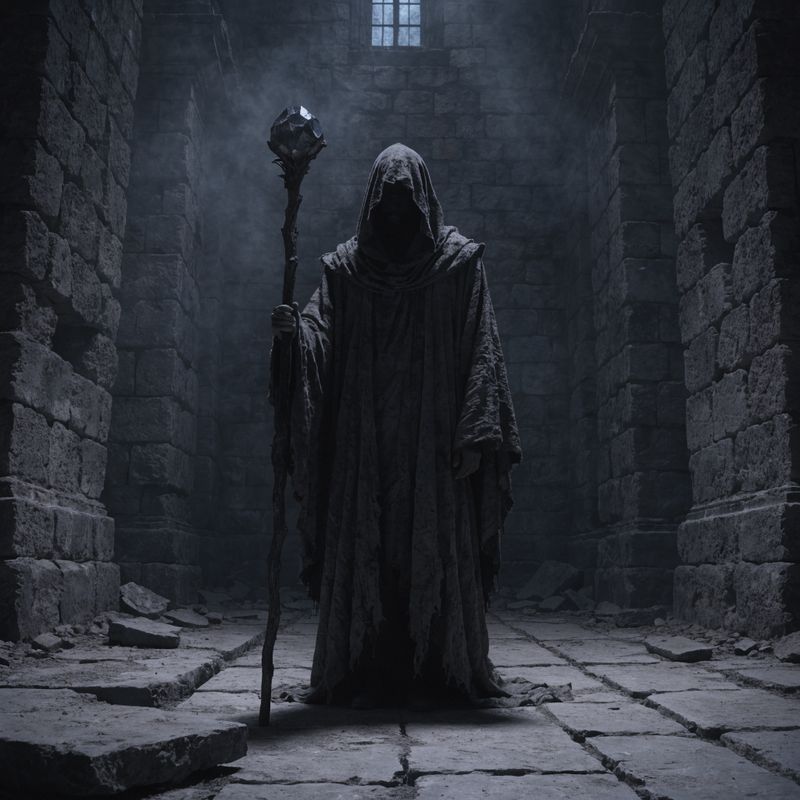 A hooded wizard in a dark stone hall holding a staff with an unlit crystal