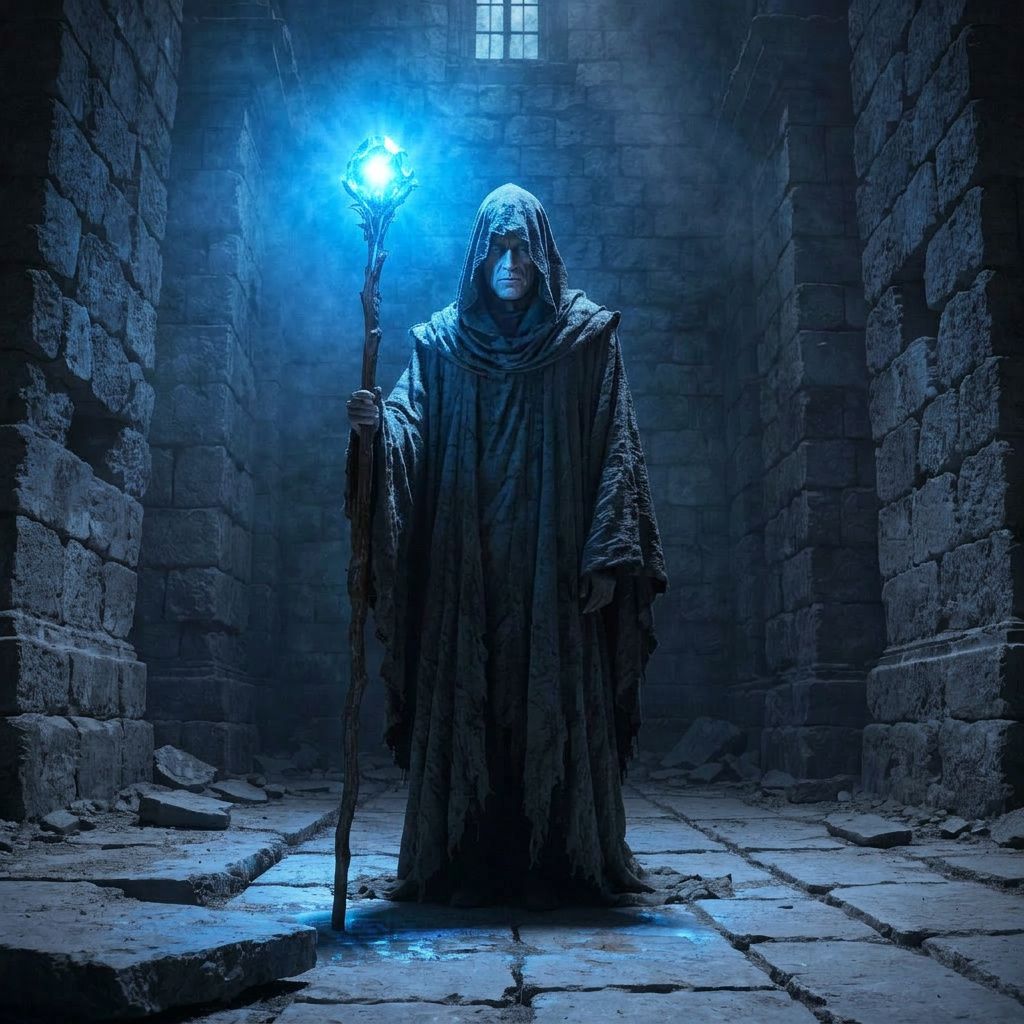 The same wizard with the staff crystal blazing blue light across the hall