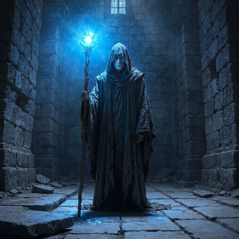 The same wizard with the staff crystal blazing blue light across the hall
