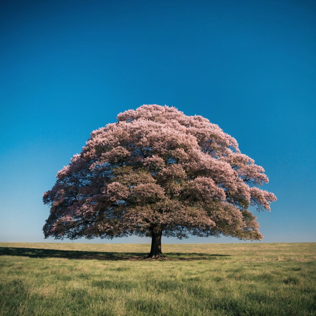 An oak tree covered in pink spring blossoms in a meadow