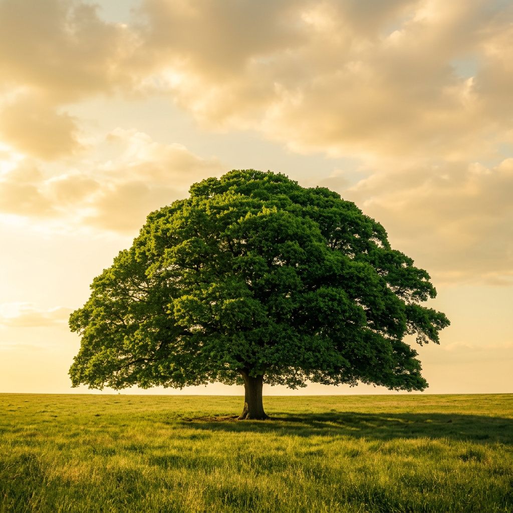 The same oak tree in full green summer leaf