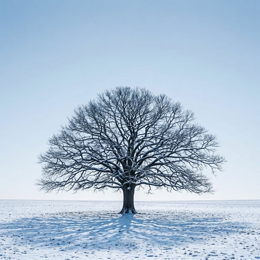 The same oak tree bare and dusted with snow