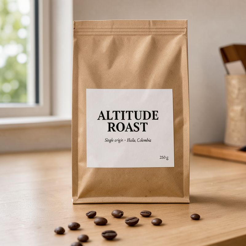 The same kraft coffee bag with a label reading ALTITUDE ROAST, Single origin · Huila, Colombia, and 250 g