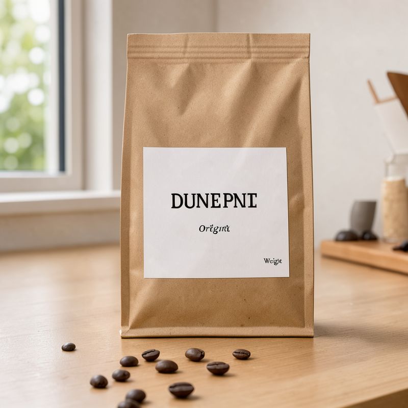 A kraft coffee bag whose white label shows invented words in serif capitals and smaller lines that read as nonsense
