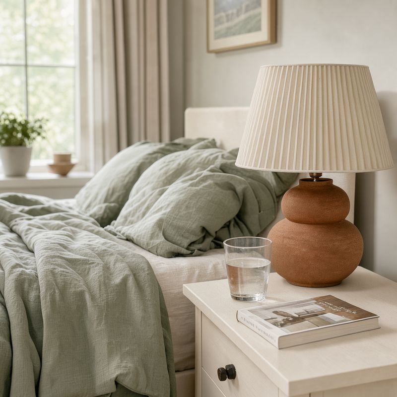 The terracotta lamp switched off on a white bedside table next to a bed with rumpled sage linen, a glass of water and a book beside it