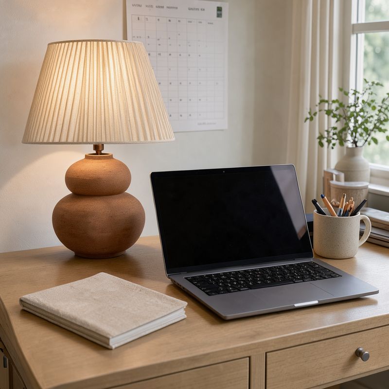 The terracotta lamp switched on at the back of an oak desk with an open laptop, a mug of pens and a linen notebook