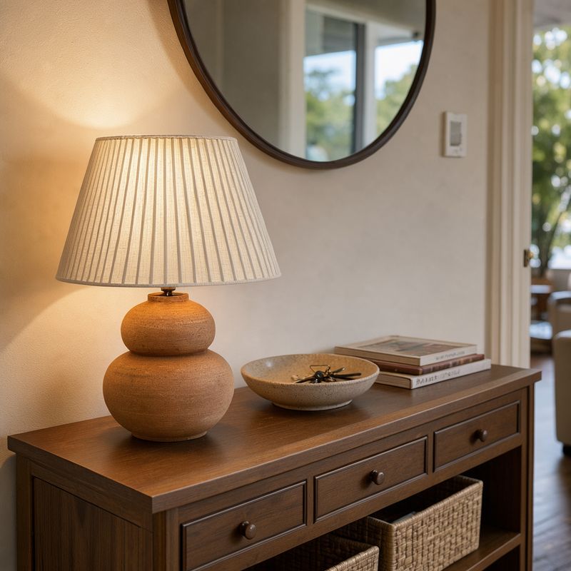 The terracotta lamp switched on, standing on a walnut console beside a key bowl and art books under a round mirror