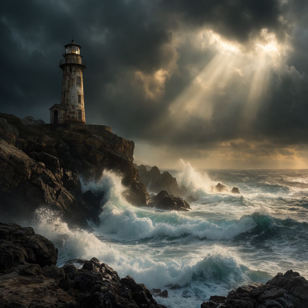 A lighthouse on a rocky cliff during a storm with a rawer, grainier texture, waves crashing below dark clouds