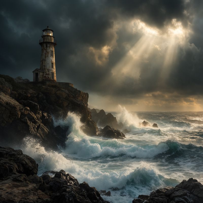 A lighthouse on a rocky cliff during a storm with a rawer, grainier texture, waves crashing below dark clouds