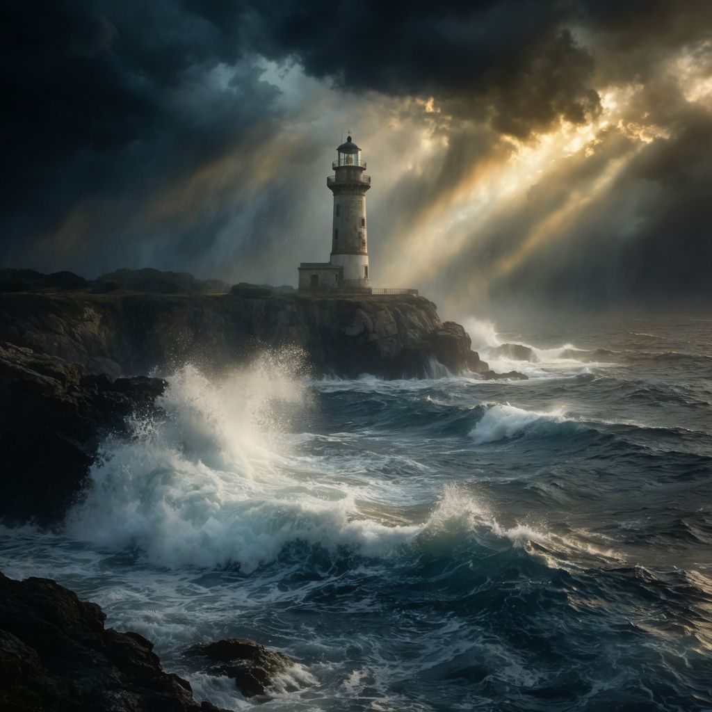 A lighthouse on a rocky cliff during a storm with a rawer, grainier texture, waves crashing below dark clouds