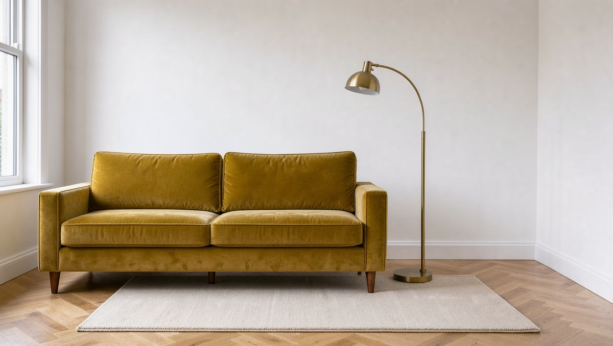 The same room with the sofa left of center, the lamp standing to its right and the rug running across the foreground