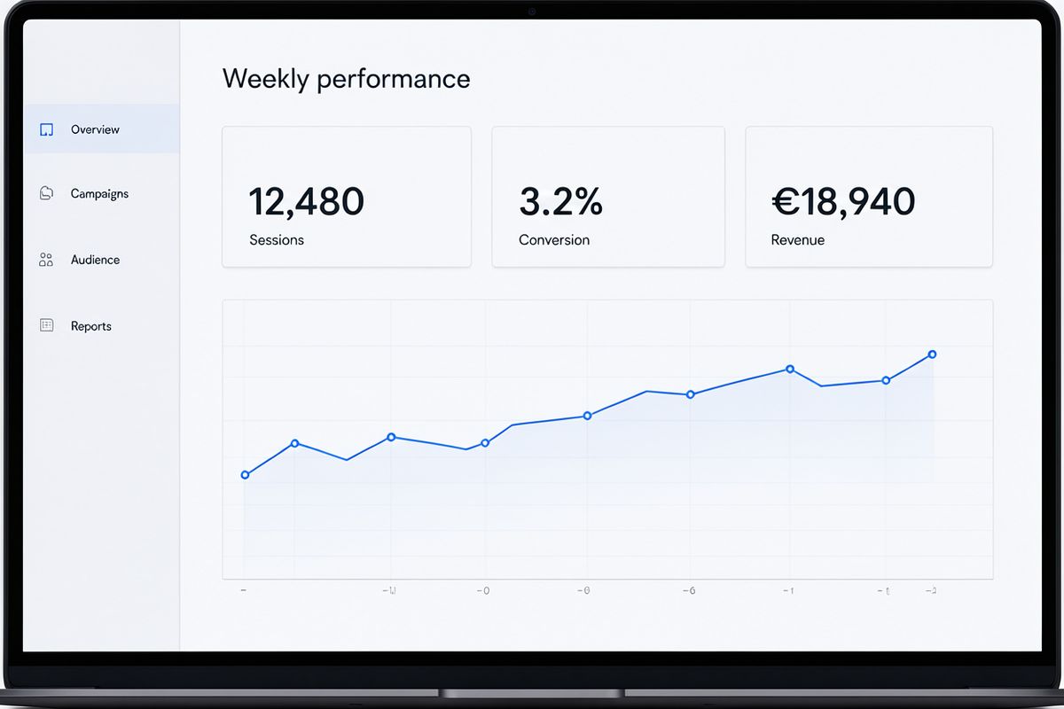 A laptop screen showing an analytics dashboard with a sidebar, a Weekly performance heading, three stat cards and a line chart
