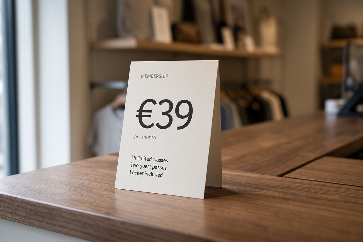 A printed membership pricing card on a walnut counter showing a large price figure and three bullet lines