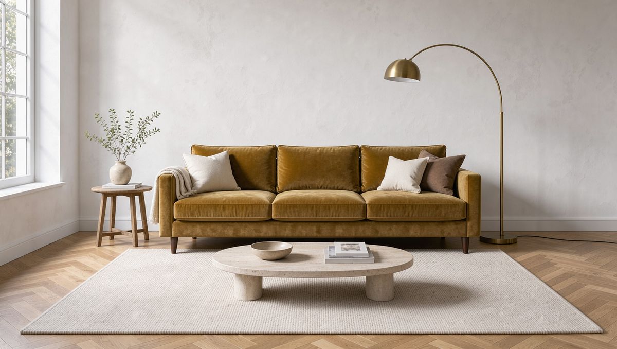 A living room with a mustard sofa, an arc lamp and a cream rug arranged by the model