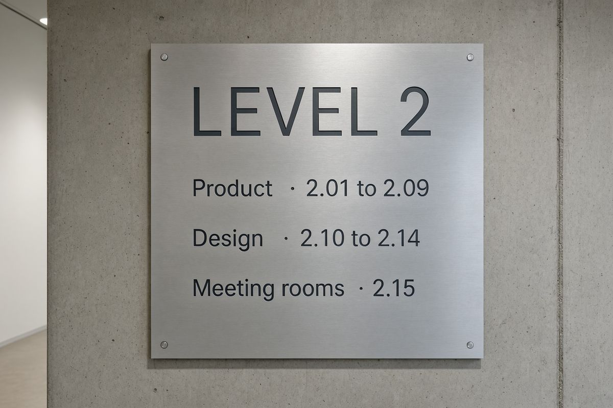 A brushed aluminum office sign reading LEVEL 2 with three department lines beneath it