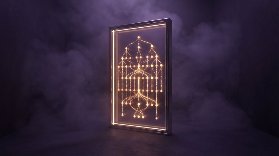 Floating luminous rectangular portal in a dark violet void chamber, interconnected glowing nodes forming a reasoning lattice inside