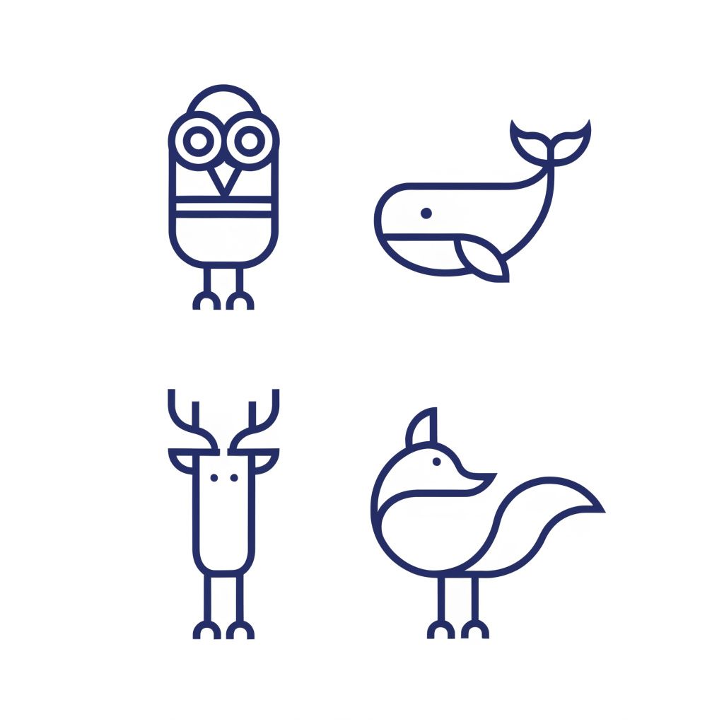 A set of four minimalist animal logos in a consistent geometric style