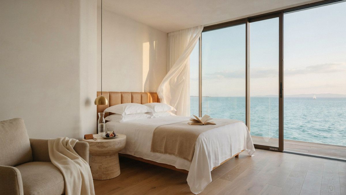 A hotel room with an armchair, a bed and floor-to-ceiling windows onto the sea behind a sheer curtain, generated with Magic Prompt on
