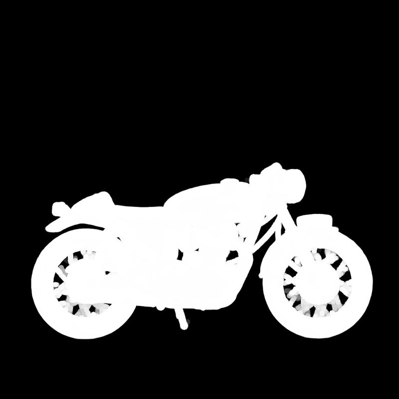 A black frame with the white silhouette of the motorcycle, the wheels and frame traced with open gaps between the spokes