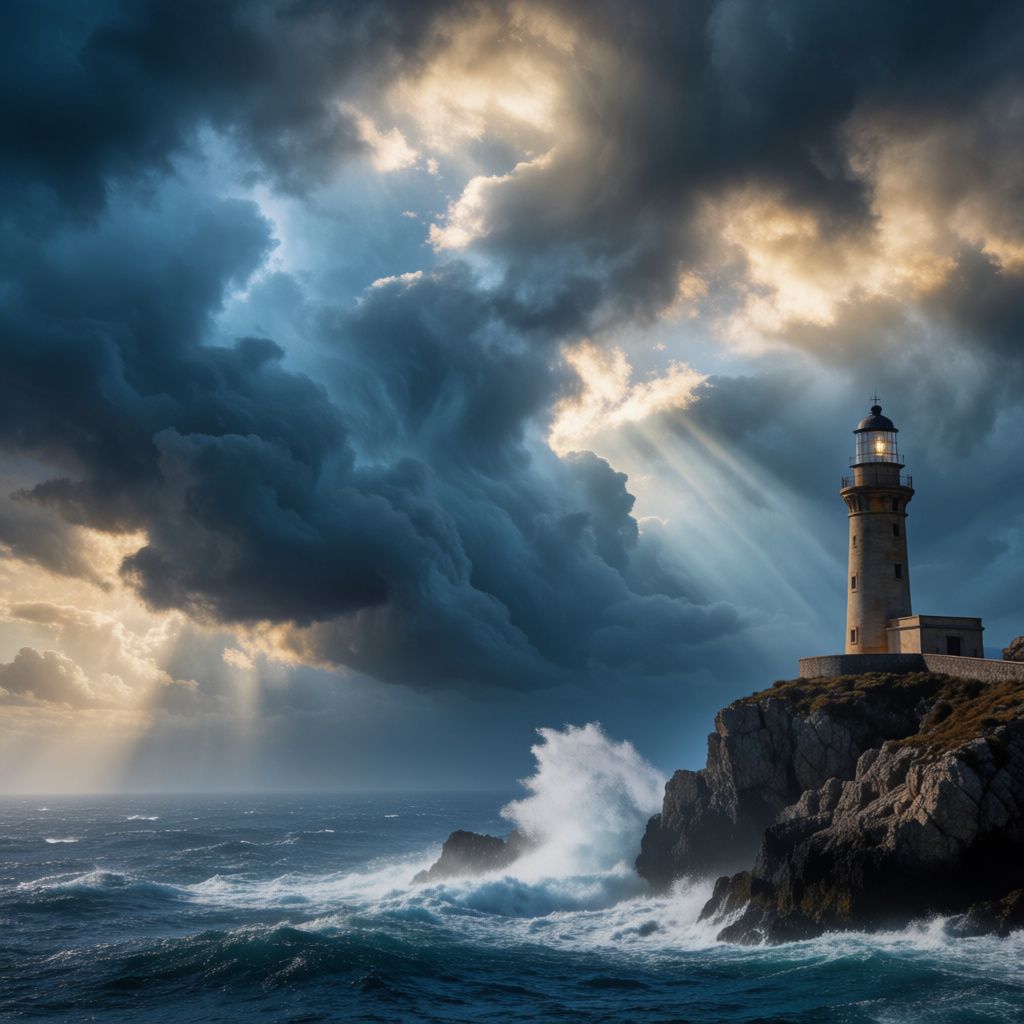 A lighthouse on a rocky cliff during a storm, waves crashing below dark clouds with shafts of golden light