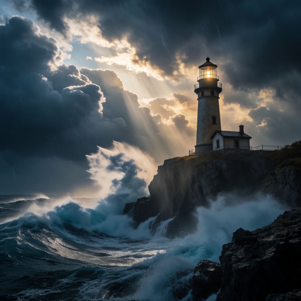 A lighthouse on a rocky cliff during a storm, waves crashing below dark clouds with shafts of golden light