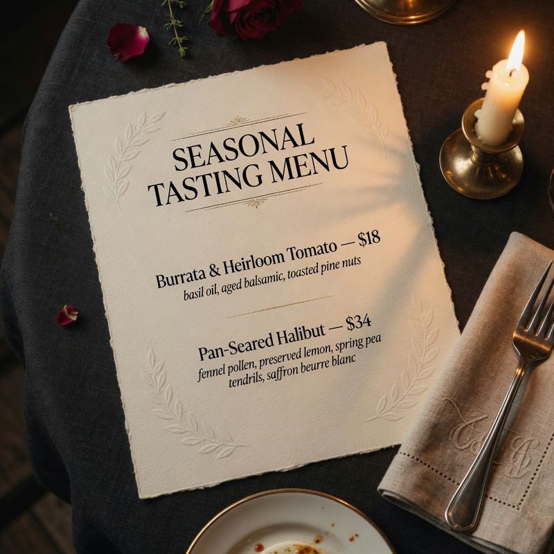 An elegant restaurant menu on cream paper with dishes and prices listed in a clean serif typeface