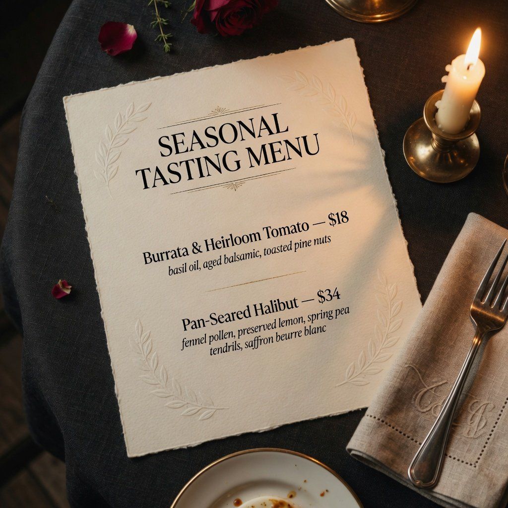 An elegant restaurant menu on cream paper with dishes and prices listed in a clean serif typeface