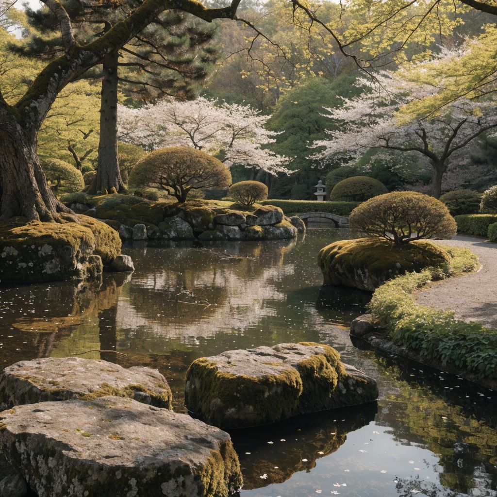 A Japanese garden in spring with cherry blossoms