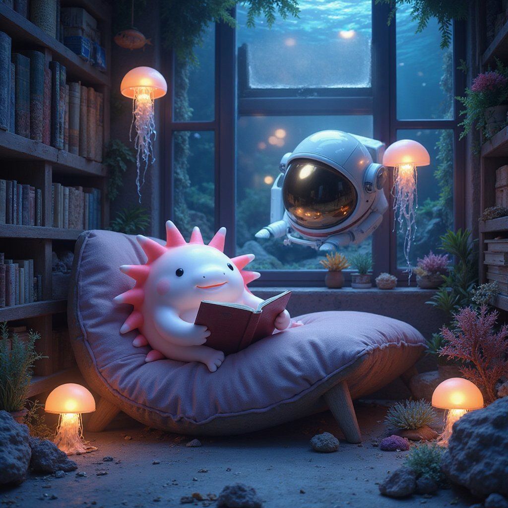 Axolotl underwater reading nook with an astronaut visible outside, FLUX Dev strength 0.9, second variation
