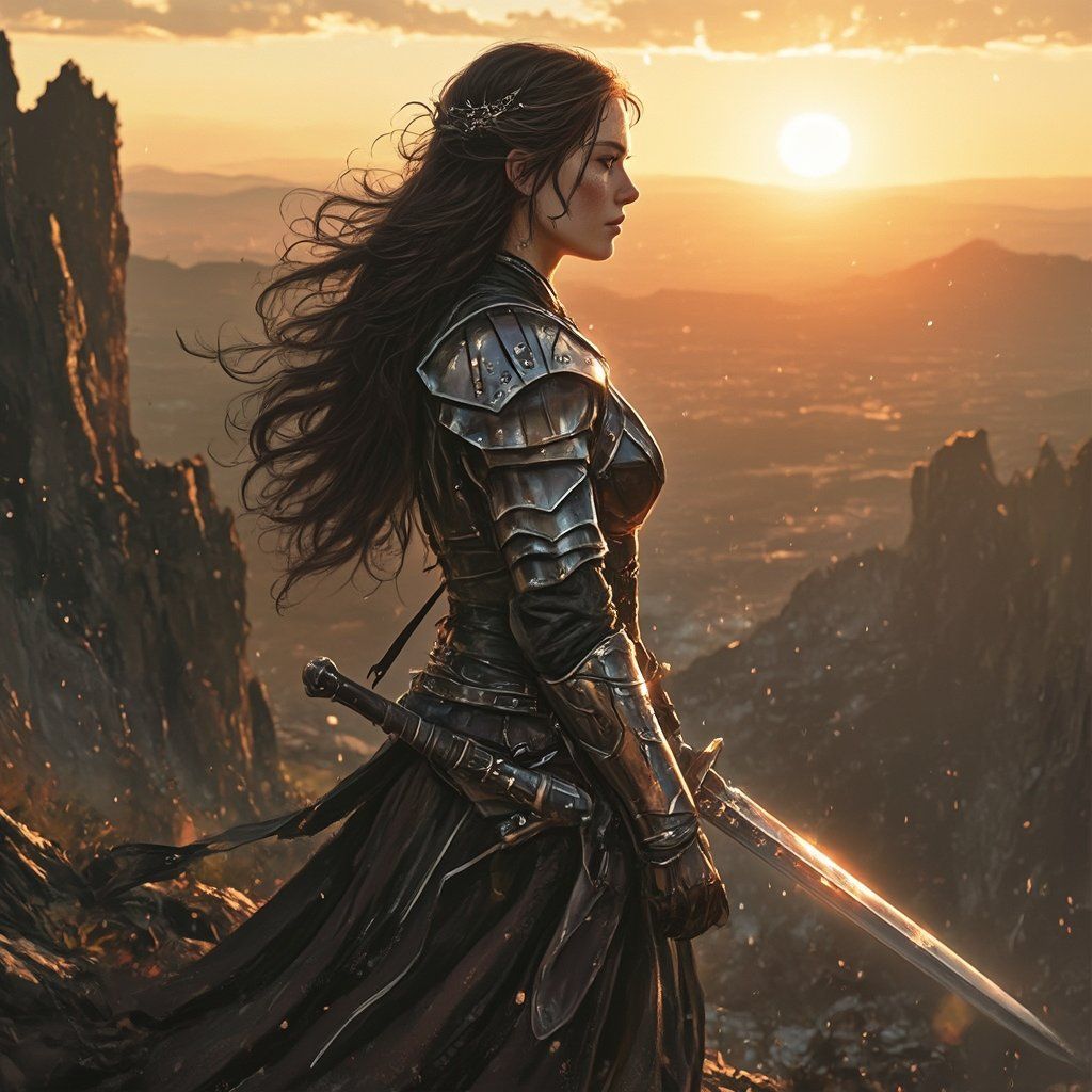 A pixel-art style fierce female warrior in silver armor holding a glowing sword on a cliff