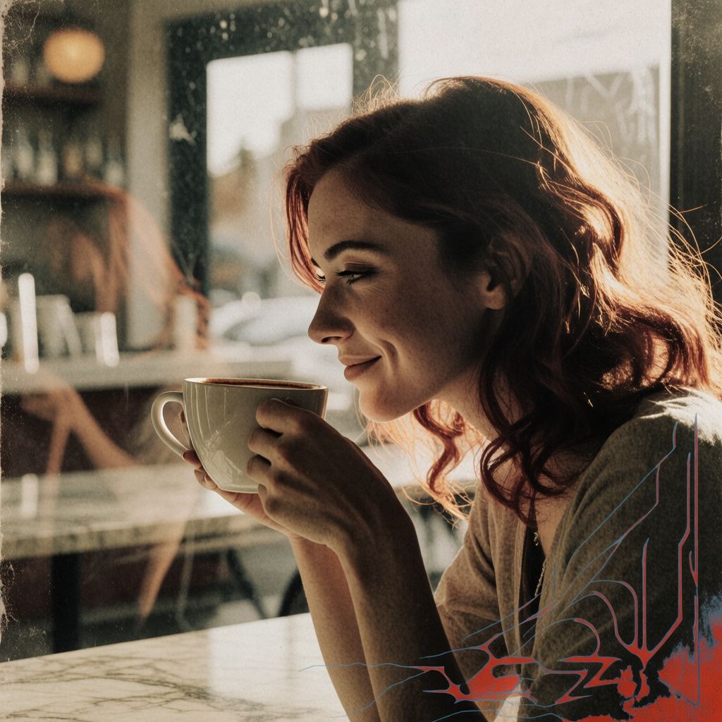 A woman rendered in cyber zine style with collage textures and saturated color