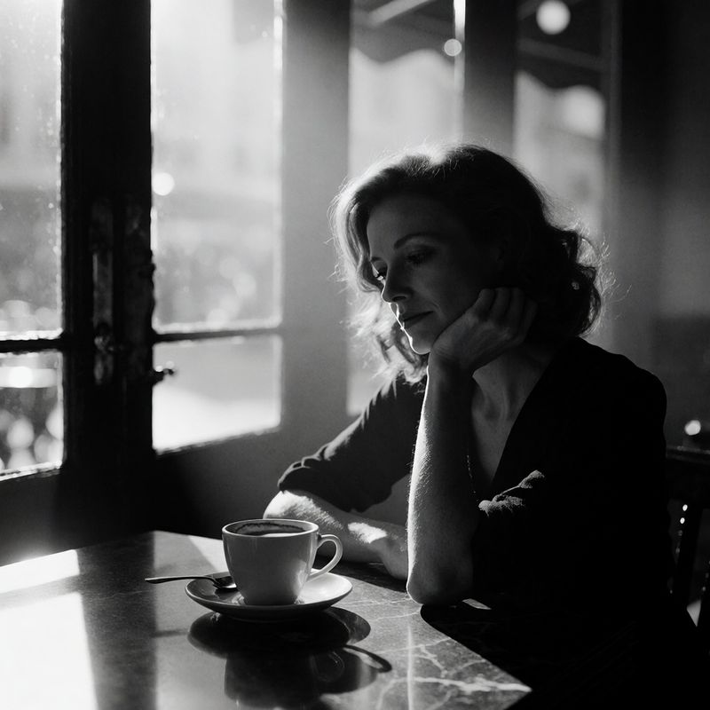 A woman rendered in film noir style with high contrast black and white