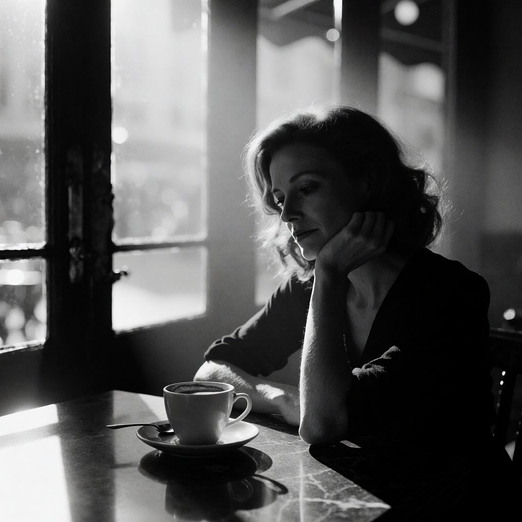 A woman rendered in film noir style with high contrast black and white