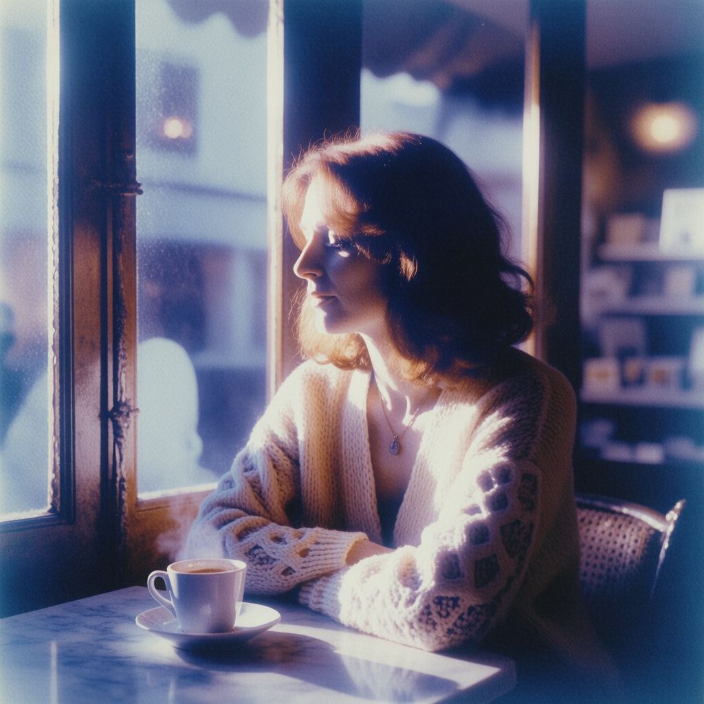 A woman rendered in lo-fi cyanotype style with blue monochrome tones