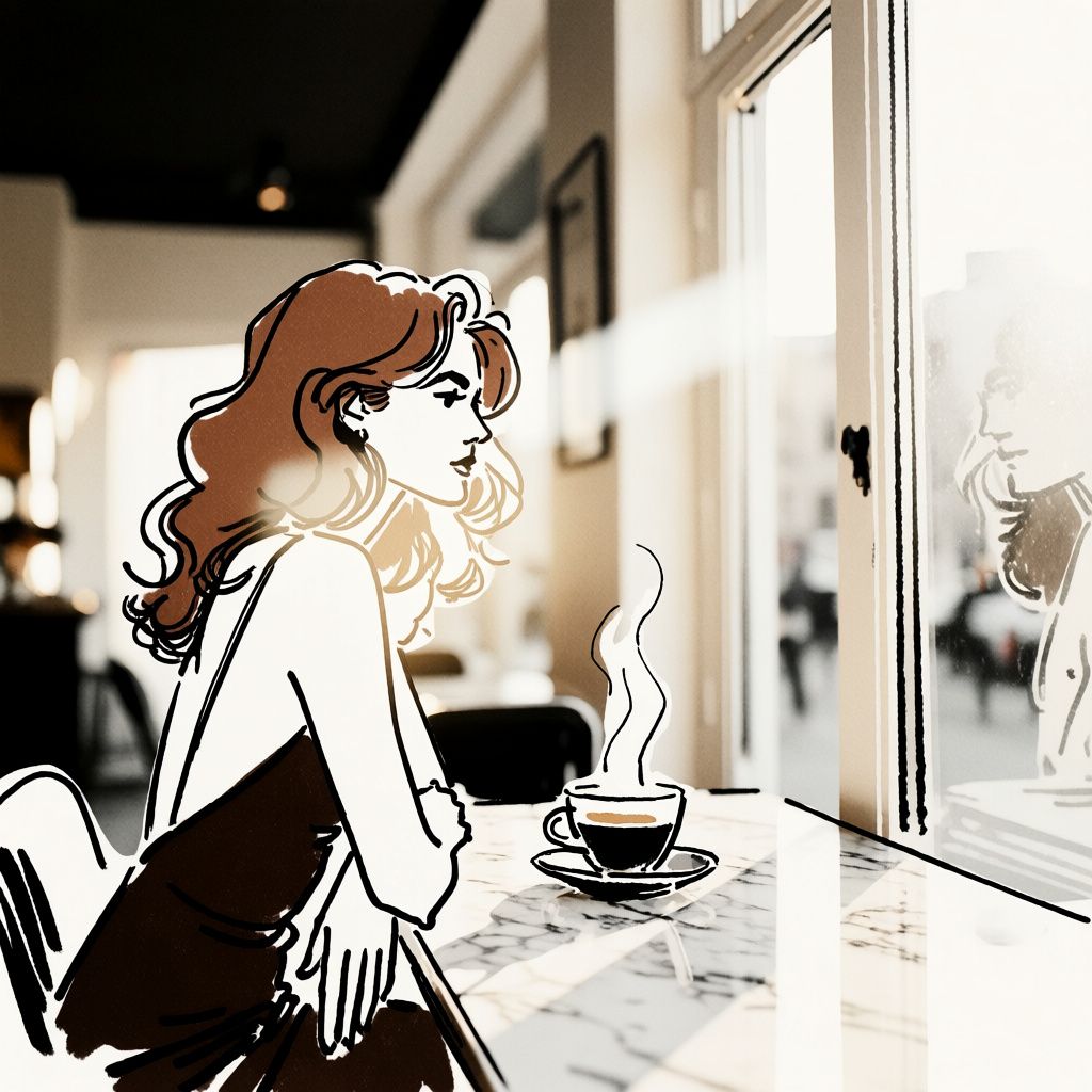 A woman rendered in minimalist sketch style with clean lines and sparse detail
