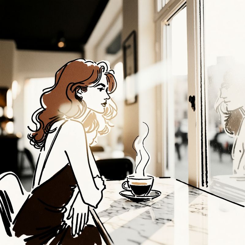 A woman rendered in minimalist sketch style with clean lines and sparse detail