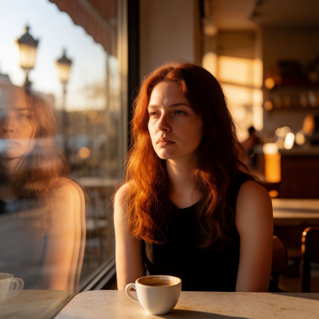 A woman sitting by a café window in warm afternoon light