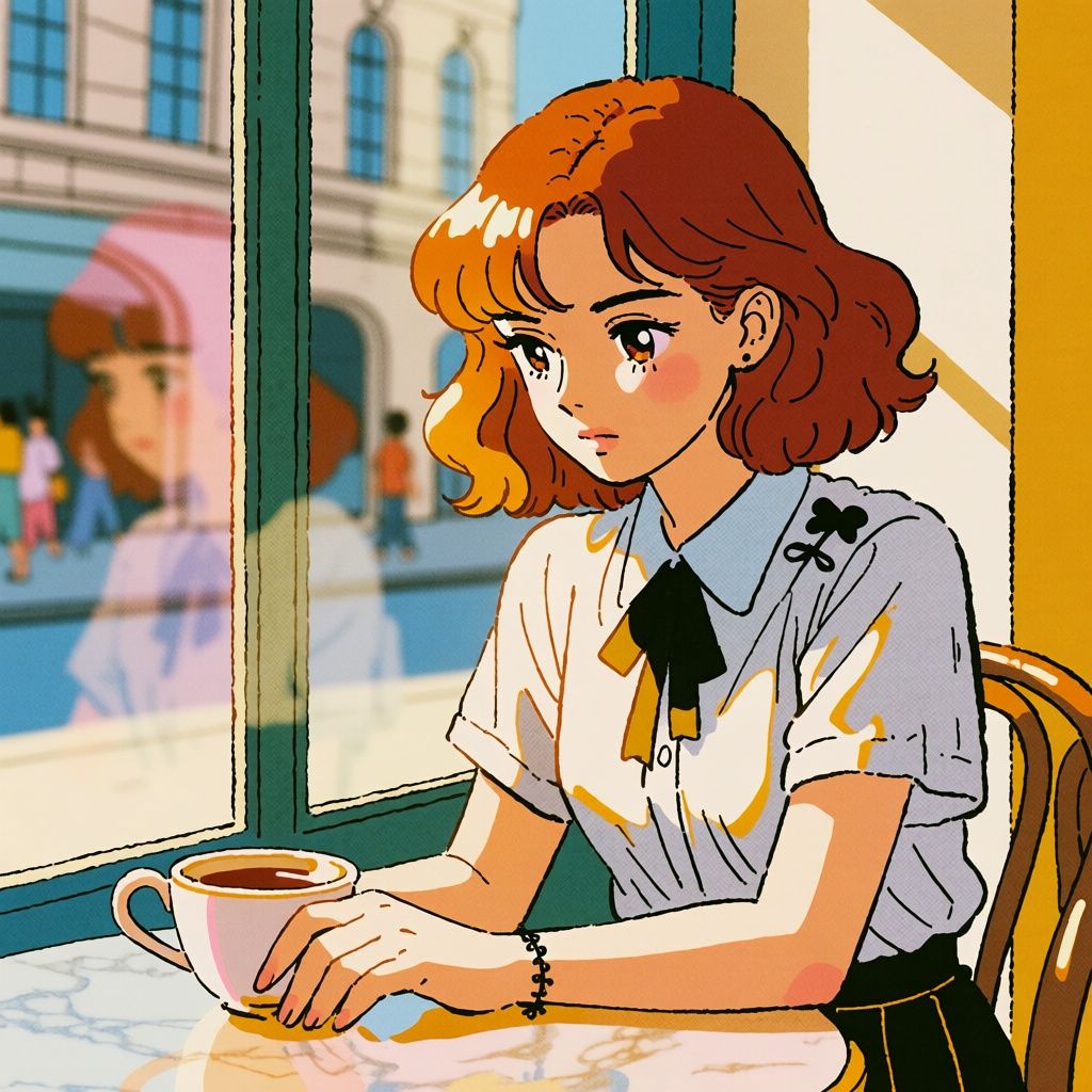 A woman rendered in vintage pop graphic style with bold colors and retro composition