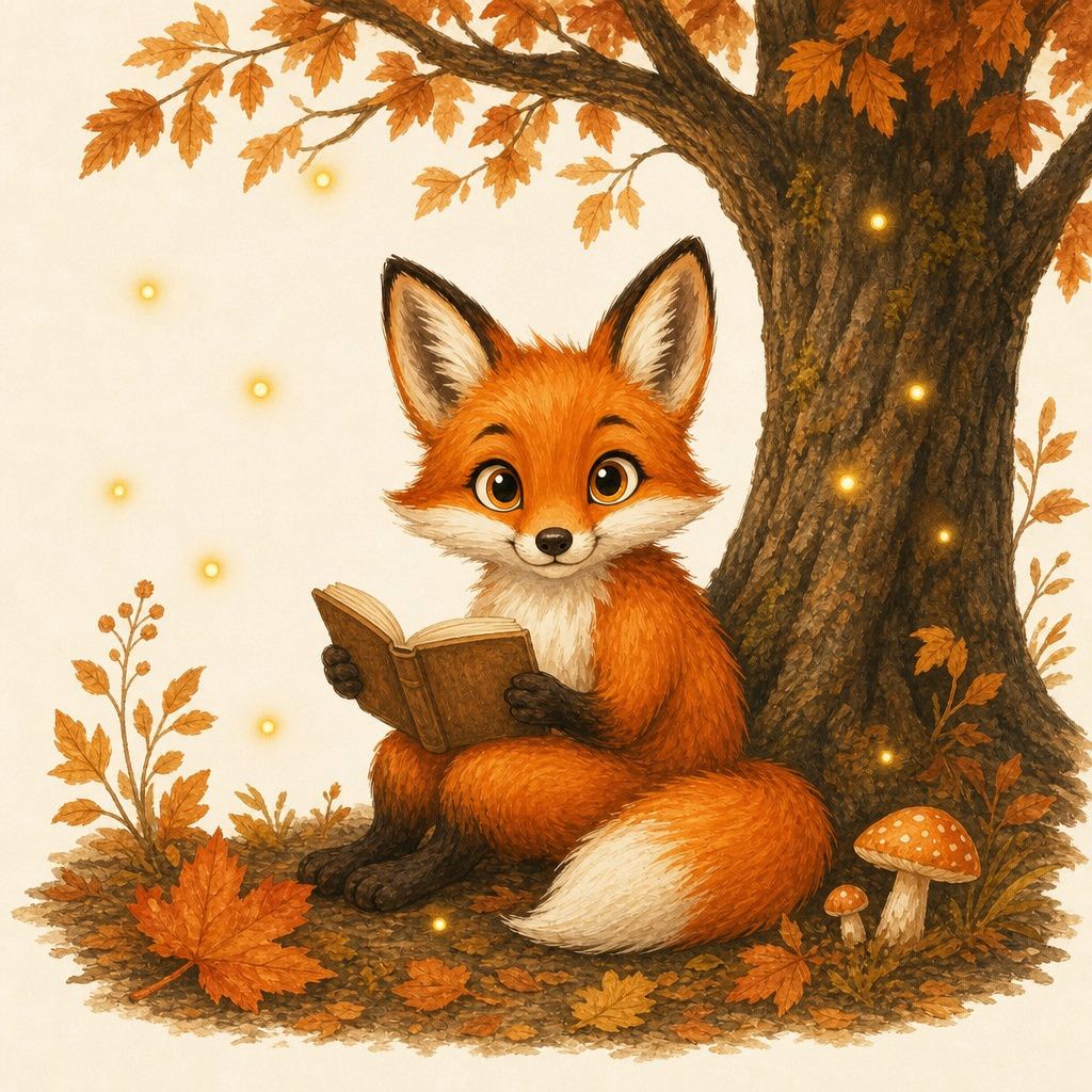 The same fox character reading a book under a tree at twilight with fireflies around it, rendered in the same illustration style