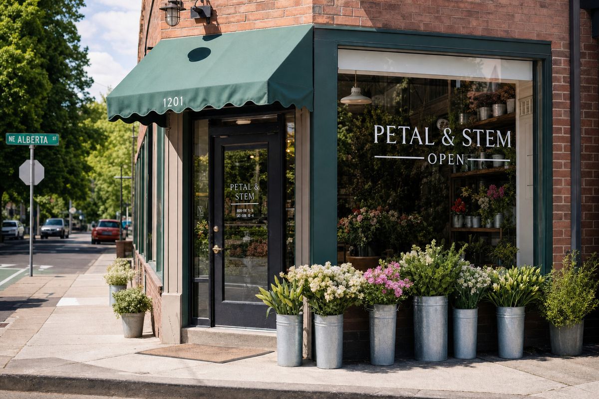 The same flower shop storefront with the three small posters removed; the PETAL AND STEM OPEN lettering, awning, and flowers are preserved