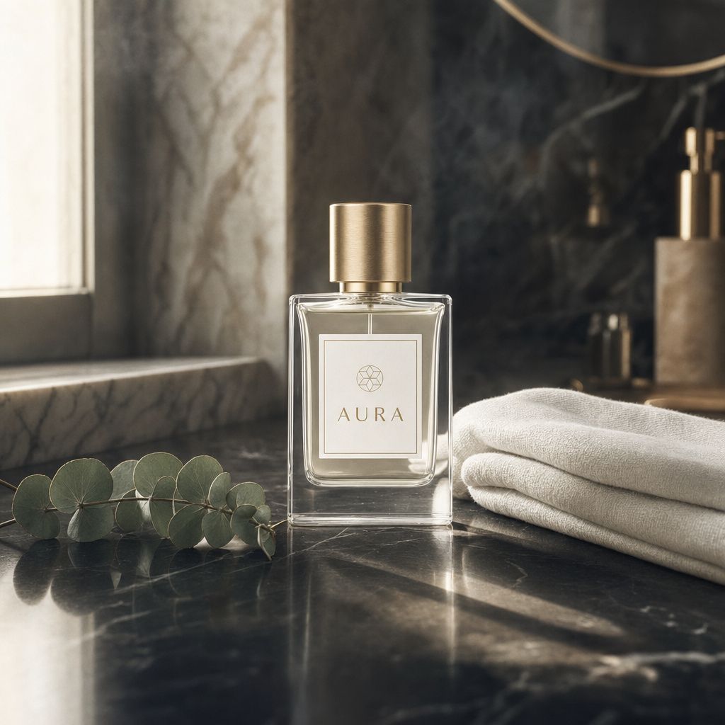 The same AURA perfume bottle now on a polished black marble counter beside a folded white towel and a eucalyptus sprig, with soft window light and a long shadow