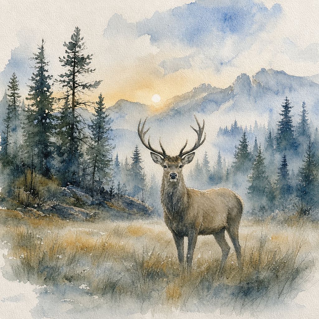 A stately deer in a meadow at dusk, rendered in the same loose watercolor style as the reference image