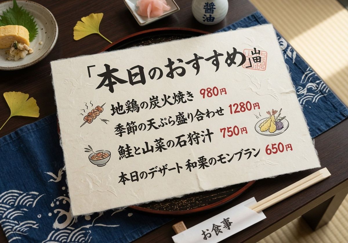 A Japanese restaurant menu card with elegant brush calligraphy on cream washi paper