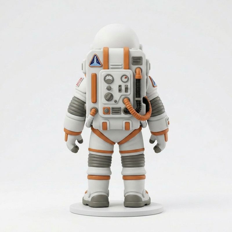 A stylized astronaut character seen from the back