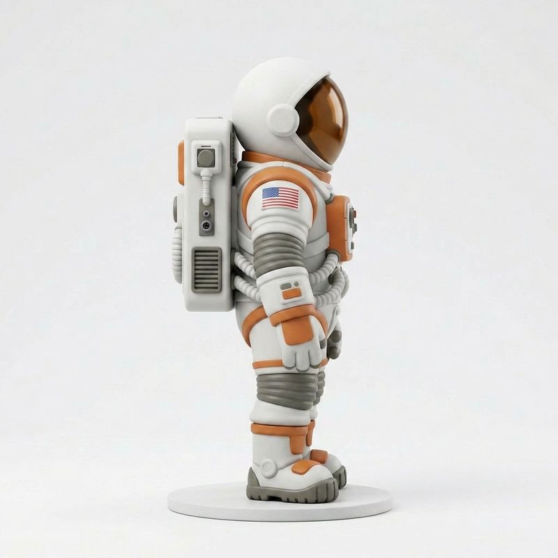 A stylized astronaut character seen from the side