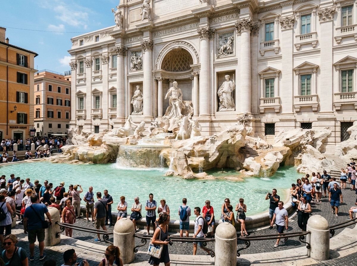The Trevi Fountain in Rome busy with tourists on a sunny afternoon